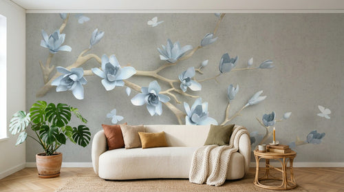 Design ZX0779 — Papier peint Magnolias bleus relief or beige — Novomur