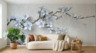 Design ZX0795 — Papier peint Cerisier blanc bleu 3D relief beige — Novomur