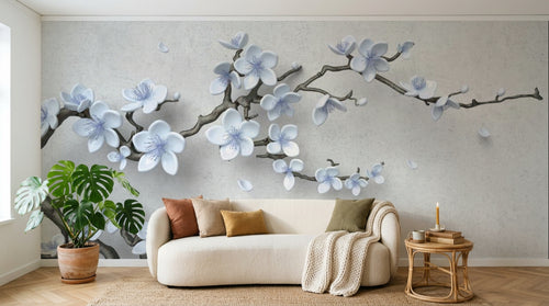 Design ZX0795 — Papier peint Cerisier blanc bleu 3D relief beige — Novomur