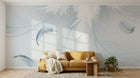 Design SL0061 — Papier peint Plumes blanches fond gris bleu lignes — Novomur
