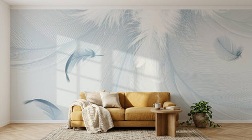 Design SL0061 — Papier peint Plumes blanches fond gris bleu lignes — Novomur