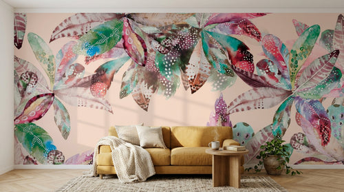 Design SL0262 — Papier peint Feuilles boho aquarelle multicolores fond rose — Novomur