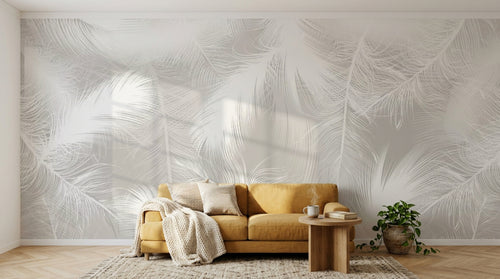 Design SL0279 — Papier peint Plumes blanches duveteuses fond gris — Novomur
