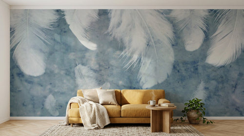 Design SL0331 — Papier peint Plumes blanches fond bleu pastel — Novomur