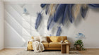 Design SL0447 — Papier peint Plumes bleues dorees triangles fond blanc — Novomur