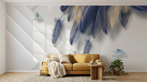 Design SL0447 — Papier peint Plumes bleues dorees triangles fond blanc — Novomur