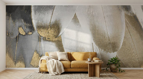 Design SL0460 — Papier peint Plumes blanches dorees nacrees gros plan — Novomur