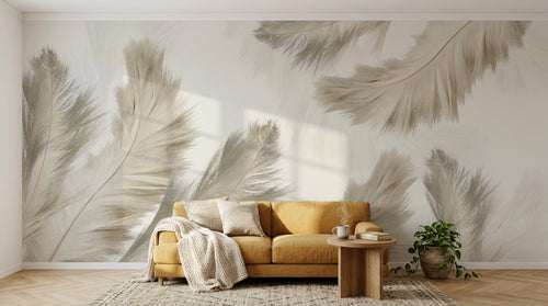 Design SL0547 — Papier peint Plumes beige duveteuses fond blanc — Novomur