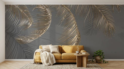 Design SL0615 — Papier peint Plumes palmes dorees bouquet gris — Novomur