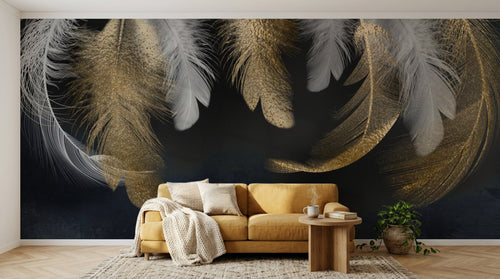 Design SL0630 — Papier peint Plumes blanches dorees fond bleu marine — Novomur