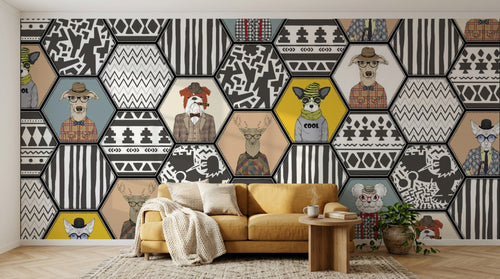 Design ZX0371 — Papier peint Animaux hipster hexagones costumes patchwork — Novomur