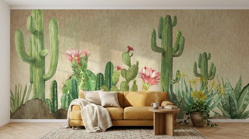Design ZX0531 — Papier peint Cactus fleurs roses dunes desertiques — Novomur