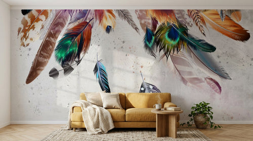Design ZX0685 — Papier peint Plumes multicolores attrape-reves boho — Novomur