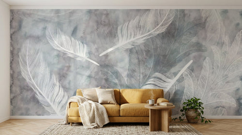Design ZX0688 — Papier peint Plumes blanches contour bleu fond grunge — Novomur