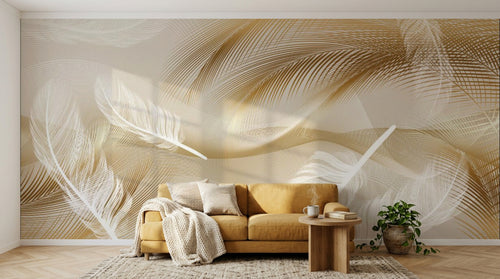 Design ZX0693 — Papier peint Plumes blanches lignes dorees beige — Novomur