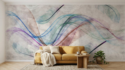 Design ZX0776 — Papier peint Plumes vagues multicolores beige aerien — Novomur