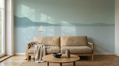 Papier peint Paysage Plage et Mer A0502 en situation — Bateaux mer flat minimaliste — Design A0502