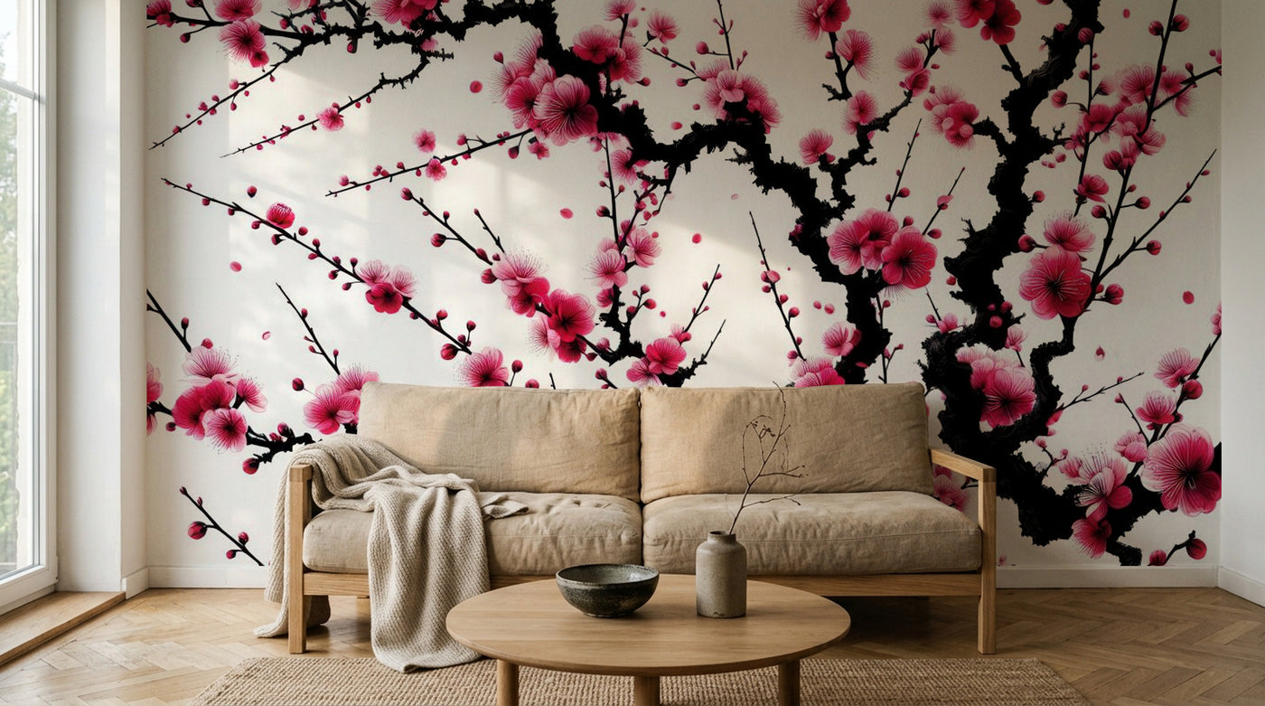 Papier peint Cerisier Gris Perle - Sur mesure - Design A0807