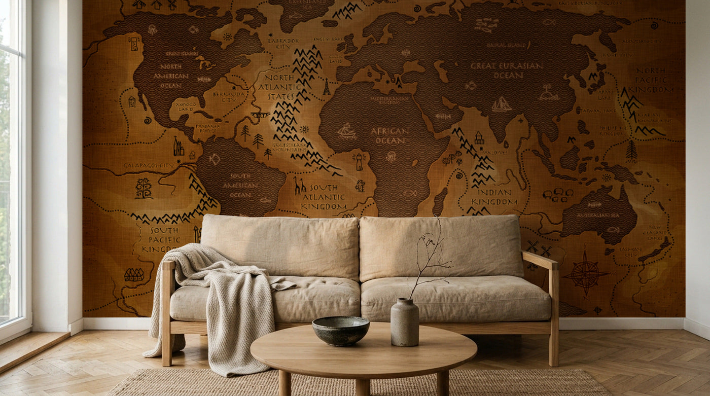 Papier peint Carte du Monde E0133 en situation — Planisphère vintage bois brun gravé — Design E0133