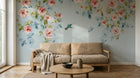 Design FC015 — Papier peint Floral romantique roses colibris fond bleu — Novomur