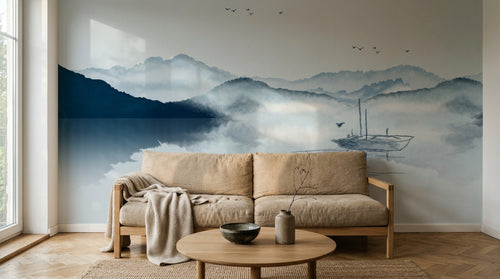 Design FC183 — Papier peint Paysage encre asiatique montagnes lac — Novomur