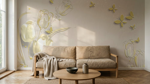 Design FC198 — Papier peint Tulipes dorees papillons fond beige — Novomur