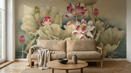 Design FC216 — Papier peint Lotus rose feuilles vert pale chinoiserie — Novomur