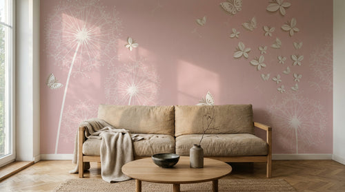 Design FC240 — Papier peint Pissenlits blancs papillons rose pale — Novomur