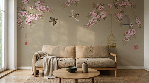Design FC246 — Papier peint Cerisier en fleurs oiseaux et cage doree — Novomur