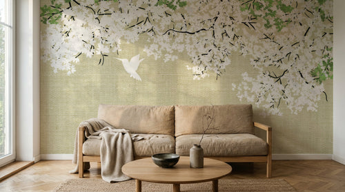 Design FC268 — Papier peint Cascade fleurs blanches vertes colibri — Novomur