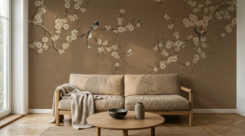 Design FC280 — Papier peint Prunier oiseaux fond taupe chinoiserie — Novomur