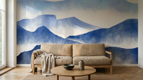 Design FC380 — Papier peint Montagnes brume bleu soleil rouge — Novomur