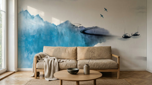Design FC519 — Papier peint Paysage encre montagne bleue barques — Novomur