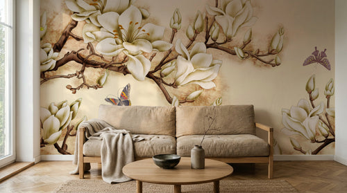 Design L0467 — Papier peint Magnolias blancs et papillon fond beige — Novomur