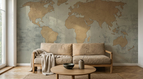 Design L0615 — Papier peint Carte monde vintage marron fond texture — Novomur