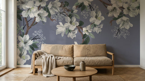 Design L0632 — Papier peint Cerisier fleurs blanches fond bleu gris — Novomur