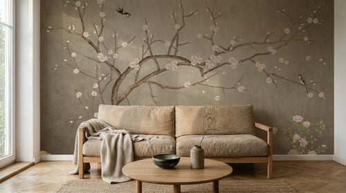 Design L1068 — Papier peint Prunier fleurs roses oiseaux fond taupe — Novomur