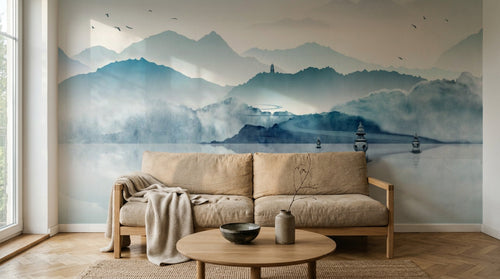 Design SL0004 — Papier peint Paysage encre bleue montagnes pagodes voiliers — Novomur