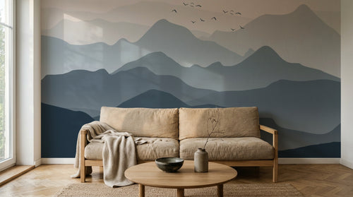 Design SL0010 — Papier peint Montagnes silhouettes bleues degrade ciel rose — Novomur