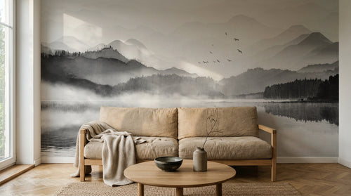 Design SL0027 — Papier peint Paysage lac brumeux noir blanc montagnes — Novomur