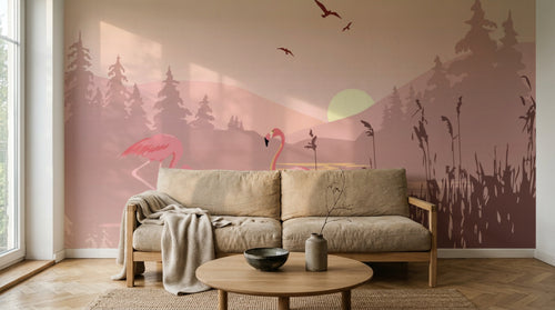 Design SL0060 — Papier peint Flamants roses coucher soleil lac roseaux — Novomur
