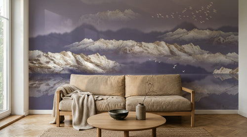 Design SL0063 — Papier peint Montagnes blanches dorees reflet ciel violet — Novomur
