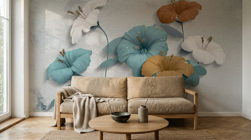 Design SL0089 — Papier peint Hibiscus 3D bleu marron aquarelle — Novomur