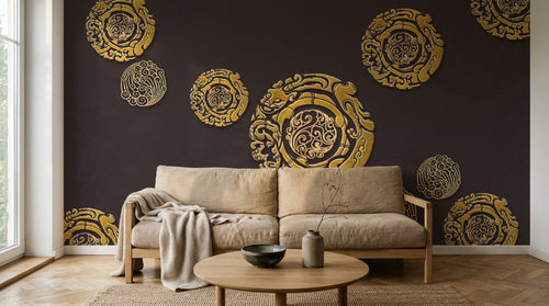 Design SL0142 — Papier peint Medaillons dores dragons fond marron — Novomur