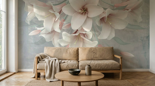 Design SL0191 — Papier peint Lis blancs cascade rose pastel — Novomur