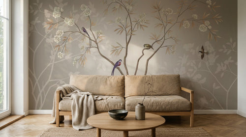 Design SL0199 — Papier peint Arbre oiseaux exotiques chinoiserie beige — Novomur