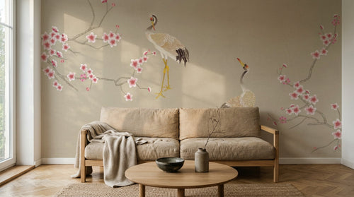 Design SL0203 — Papier peint Grues japonaises cerisier rose pastel — Novomur