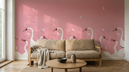 Design SL0211 — Papier peint Grues blanches fond rose pastel — Novomur