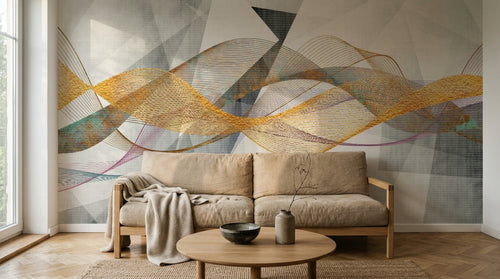 Design SL0230 — Papier peint Vagues dorees orange fond gris geometrique — Novomur