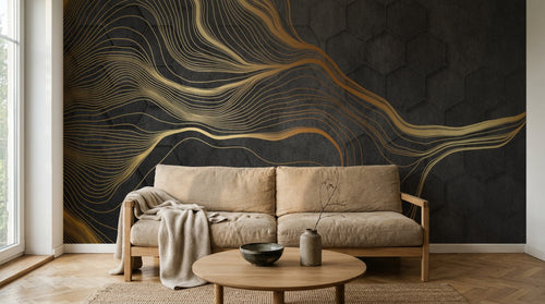 Design SL0336 — Papier peint Lignes ondulantes dorees fond hexagones noir — Novomur